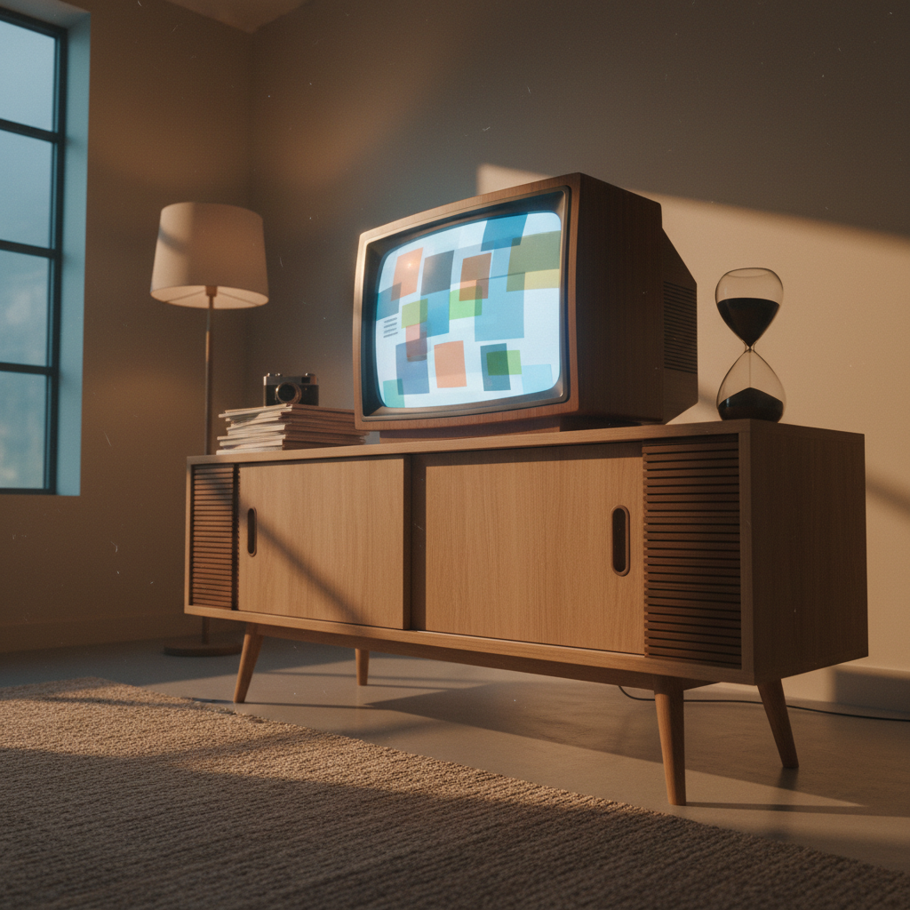 A vintage television set with a curved glass screen and wood-paneled sides sits on a low mid-century cabinet in a minimalist living room. The screen glows with a collage of overlapping, semi-transparent channels showing only abstract shapes and muted colors, suggesting a flood of information without clear content. Around it, neatly stacked magazines, a classic film camera, and a small sculptural hourglass create a sense of cultural history. Warm, indirect lamplight and faint evening window light mix to create soft, cinematic shadows. Photographic realism, captured from a low, three-quarter angle, evoking nostalgia and quiet reflection on how stories in media have evolved over time.