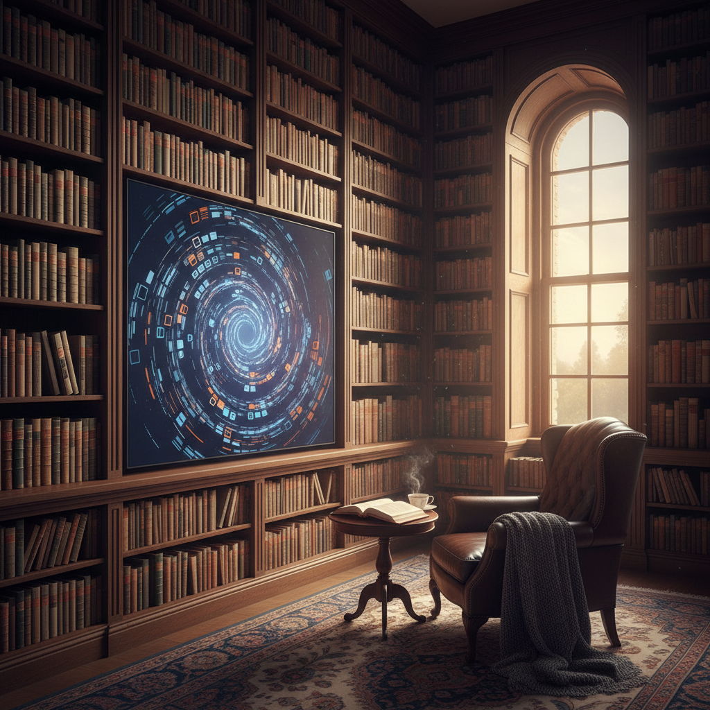 An elegant, dark-walled library lined with floor-to-ceiling shelves filled with books in subdued earth tones, interrupted by a single large, ultra-thin screen mounted flush with the wall. The screen displays a slow, abstract swirl of news tickers and social media icons reduced to simple shapes and colors, suggesting digital noise without any readable elements. A single reading chair is empty, with a folded wool blanket draped over the arm and an open hardcover book resting on a small side table. Soft golden hour light enters through a tall window, mixing with a subtle cool glow from the screen. Photographic realism, shot wide with sharp focus, creating a sophisticated contrast between enduring stories and fleeting media streams.