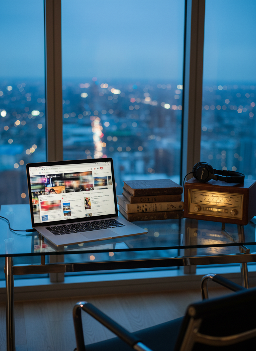 A sleek glass-and-metal desk in a dimly lit apartment overlooking a sprawling city at dusk, covered with an open laptop displaying a collage of blurred news sites and social feeds. Beside it, a stack of well-worn hardcover books on culture and storytelling leans against a vintage analog radio and a pair of studio headphones. The only light comes from the laptop screen and the cool blue glow of city lights filtering through floor-to-ceiling windows, casting gentle reflections on the desktop. Photographic realism, shot at eye level with a shallow depth of field, creating a sophisticated, contemplative mood that suggests quiet analysis of media culture without showing any people or readable text.